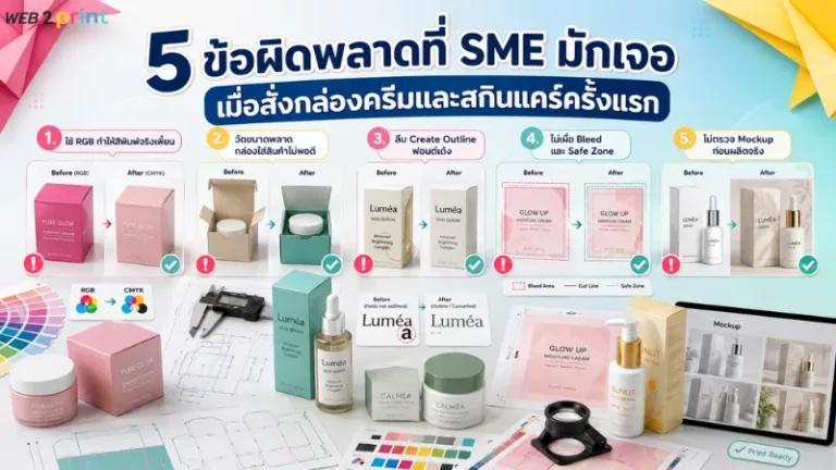 5 ข้อผิดพลาดที่พบบ่อยเมื่อสั่งกล่องครีมและกล่องสกินแคร์ครั้งแรก เช่น ใช้ไฟล์ RGB ไม่เผื่อ Bleed และไม่ทำ Mockup